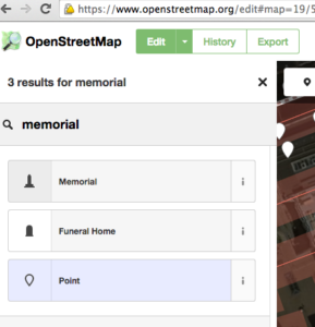 OpenStreetMap – ID Editor – Search for Memorial